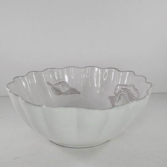 1970s Italian Majolica Palm Beach Style Seashell Embossed Serving Bowl Scalloped - Picture 5 of 8